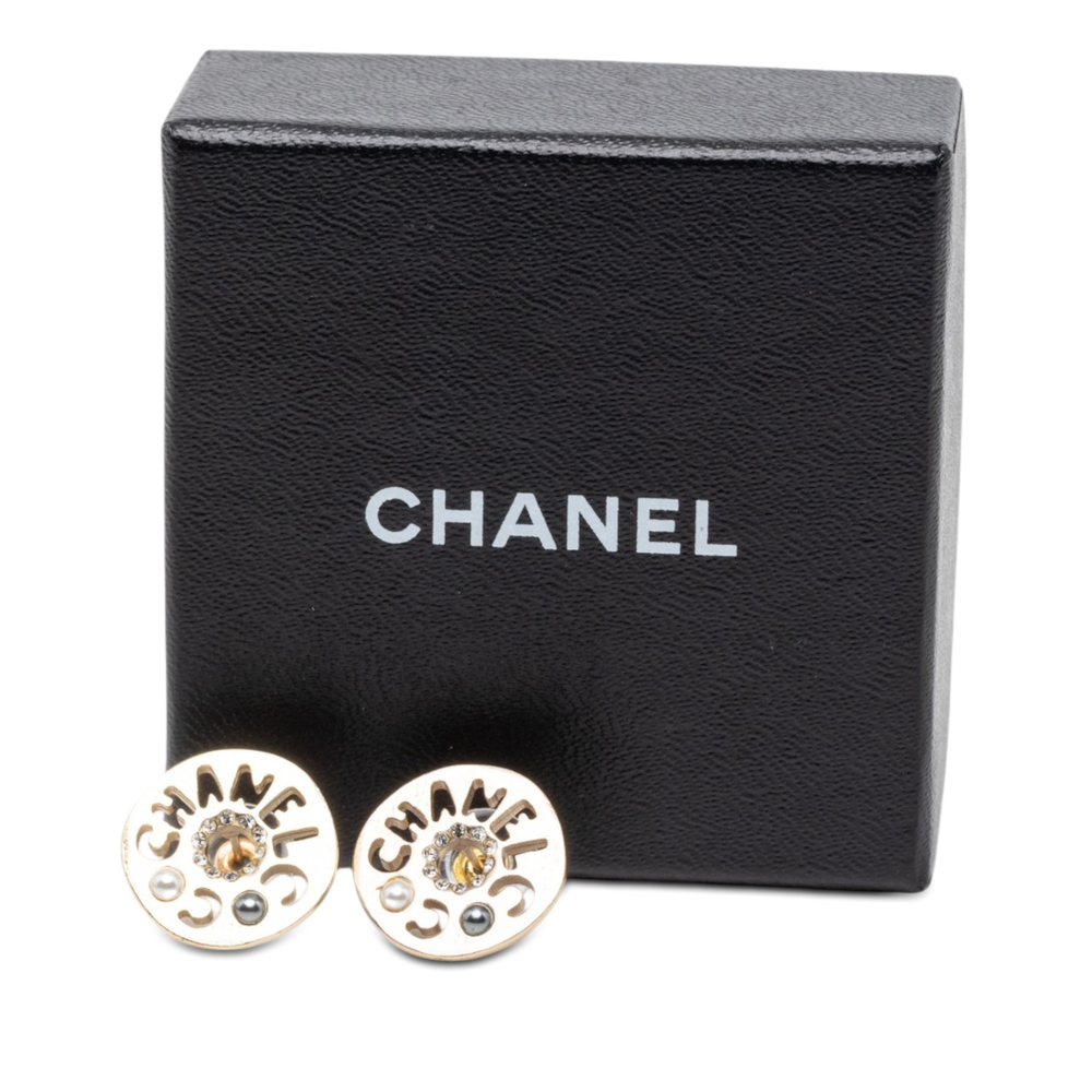 Pre-Loved Chanel Gold Plated Strass Faux Pearl Coco Logo Disc Pushback Earrings - Picture 4 of 4